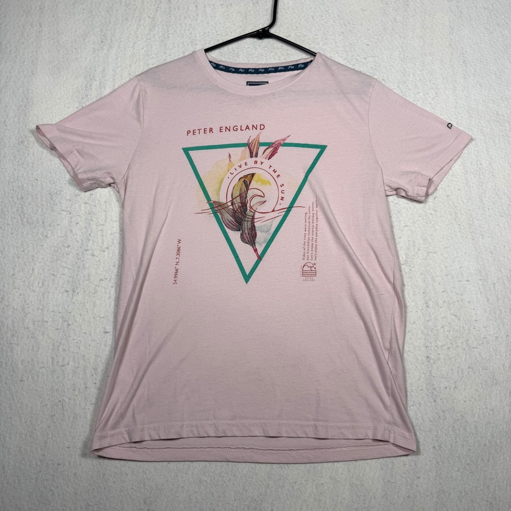 Peter England Mens XL Pink Live By The Sun Graphic T-Shirt Short Sleeve Tee